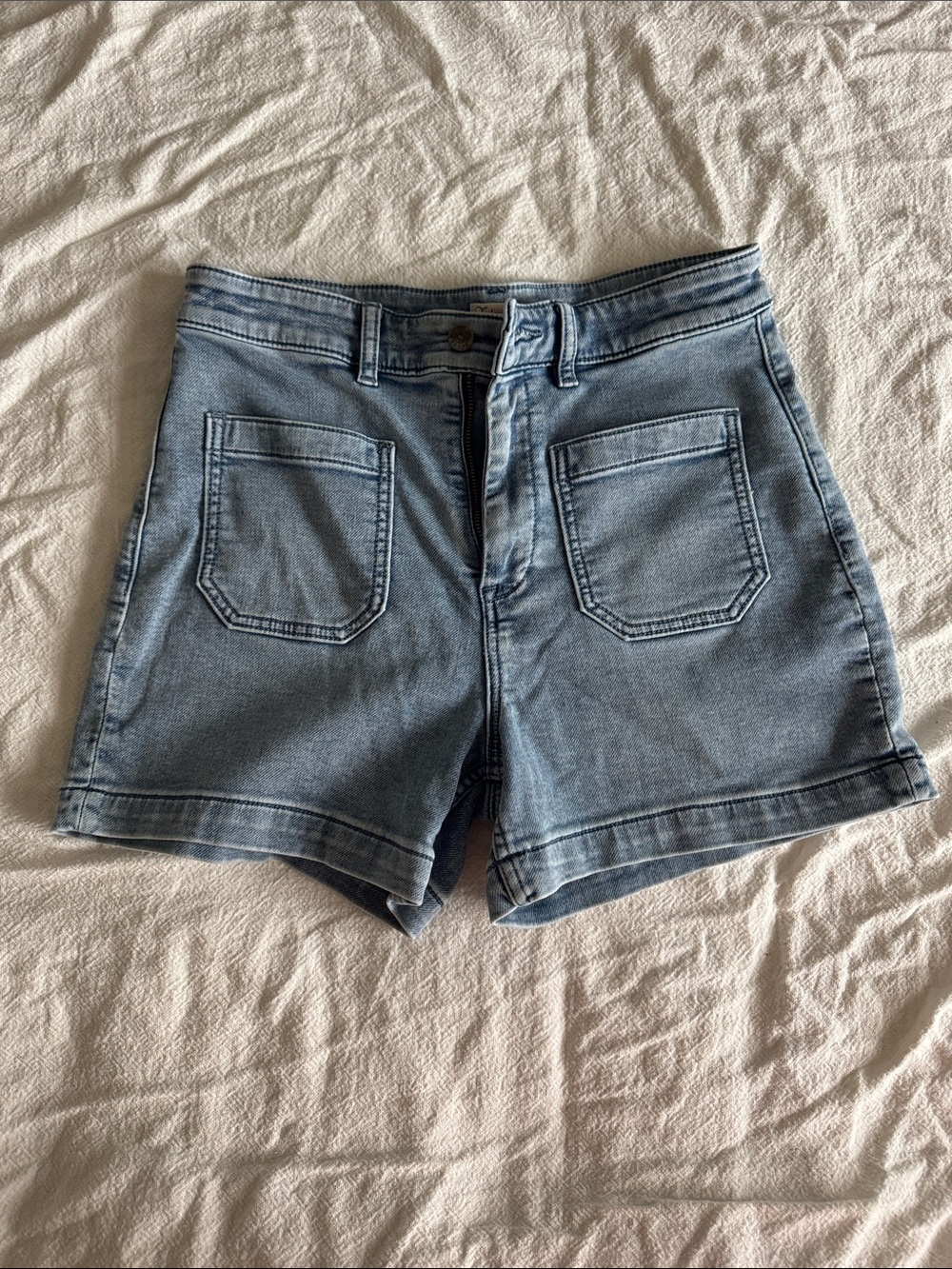 Faherty mid wash stretch terry high rise denim shorts